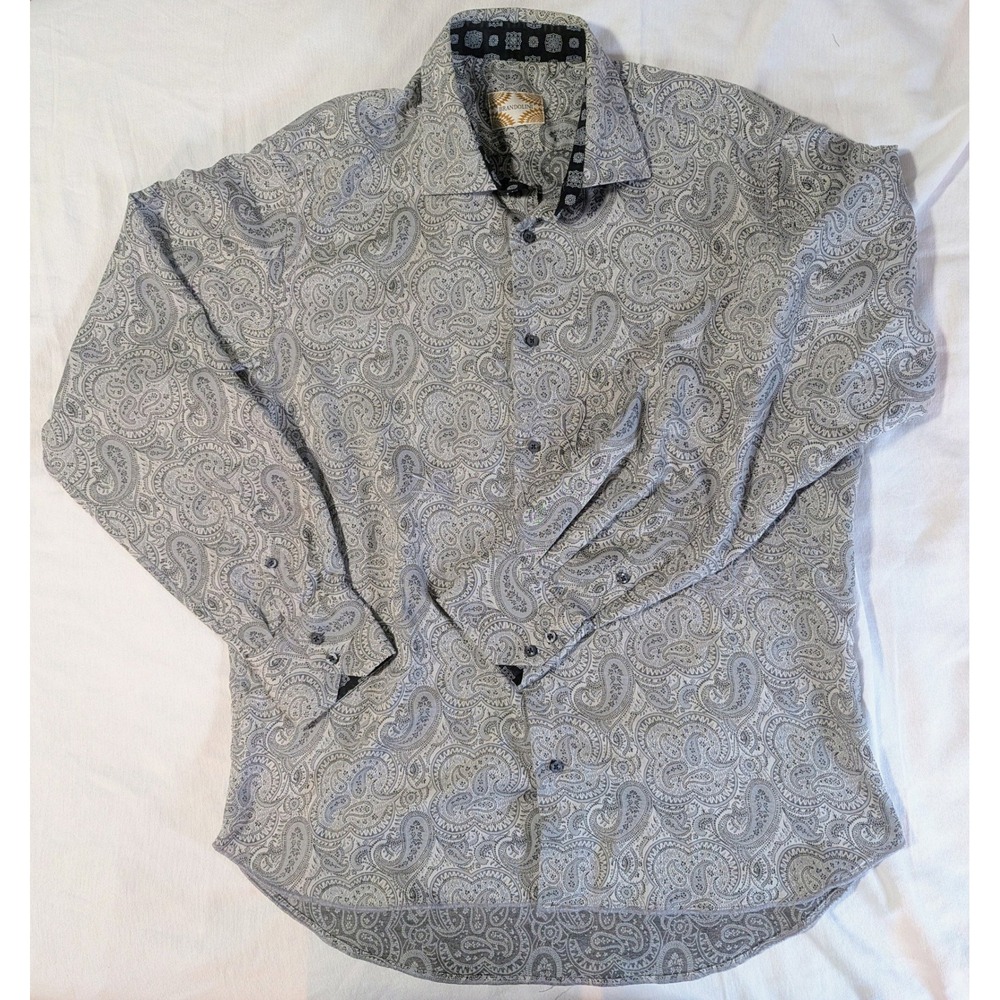 Brandolini Mens Gray Paisley Long Sleeve Button Down Shirt Contrasting Collar L